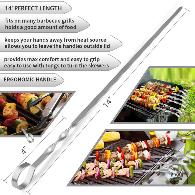 LANNEY Skewers for Kabobs, 14" Metal Kebab Skewers for Grilling Flat Long Stainless Steel Kabob Sticks, Reusable Grill Shish BBQ Barbecue Sticks for Meat Chicken Vegetable Shrimp, 12 Pack - Image 2